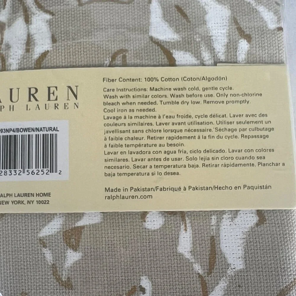 New Ralph Lauren Bowen Natural‎ Cloth Napkin Beige White Set Of 4 Holly Pinecone